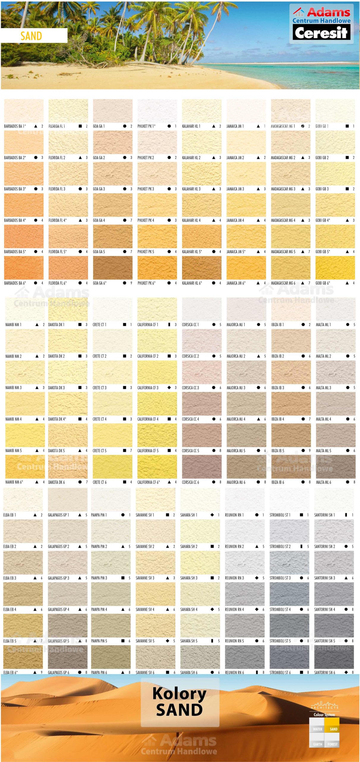 Tynki Ceresit, Wzornik Kolorów, Colours of Nature Sand, CT174 CT74 CT60 CT48 CT42 CT16, Adams Żary