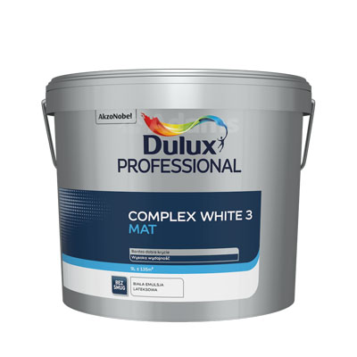 emulsja lateksowa dulux professional complex white 3 9l Wydajna i bardzo dobrze kryjąca farba, o matowym, bezsmugowym wykończeniu i łagodnym zapachu