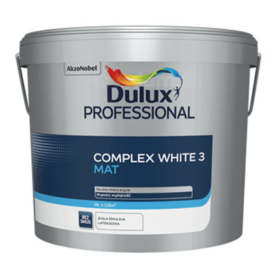 Latexemulsion Dulux Professional Complex Weiß 3 19l zeichnet sich durch sehr gute Effizienz aus (bis 15m2/l)