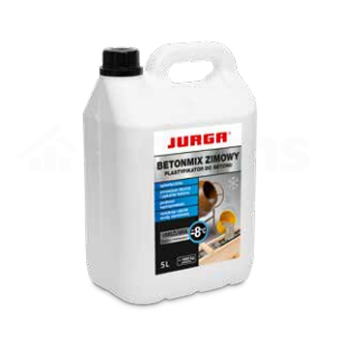 Plastyfikator-do-betonu-BETON-MIX-5L-zimowy Plastyfikator do betonu JURGA BETONMIX to preparat do betonu umożliwiający prowadzenie prac w warunkach niskich temperatur do –8°C.