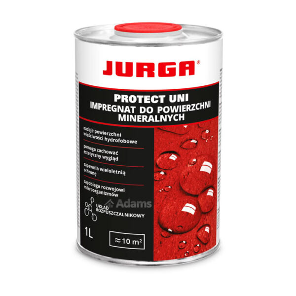 JURGA PROTECT UNI to rozpuszczalnikowy impregnat do zabezpieczania powierzchni mineralnych, nadający właściwości hydrofobowe, zachowujący naturalny wygląd, redukujący zabrudzenia i zapobiegający rozwojowi pleśni i grzybów.