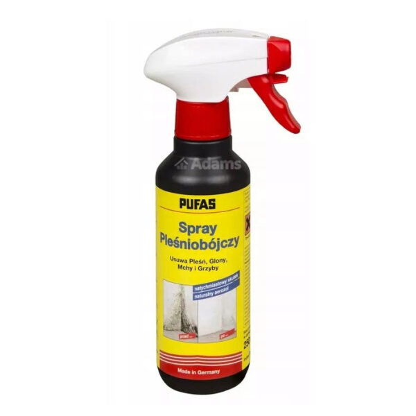 Spray pleśniobójczy PUFAS skutecznie usuwa i zapobiega pleśni, grzybom oraz glonom na różnych powierzchniach.