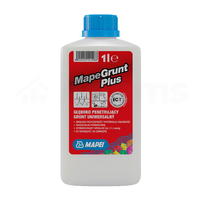 Grunt-MAPEGRUNT-PLUS-1l Grunt uniwersalny MAPEGRUNT PLUS jest szybkoschnącym, bezrozpuszczalnikowym, paroprzepuszczalnym i bezbarwnym po wyschnięciu preparatem gruntującym na bazie wodnej dyspersji żywic syntetycznych
