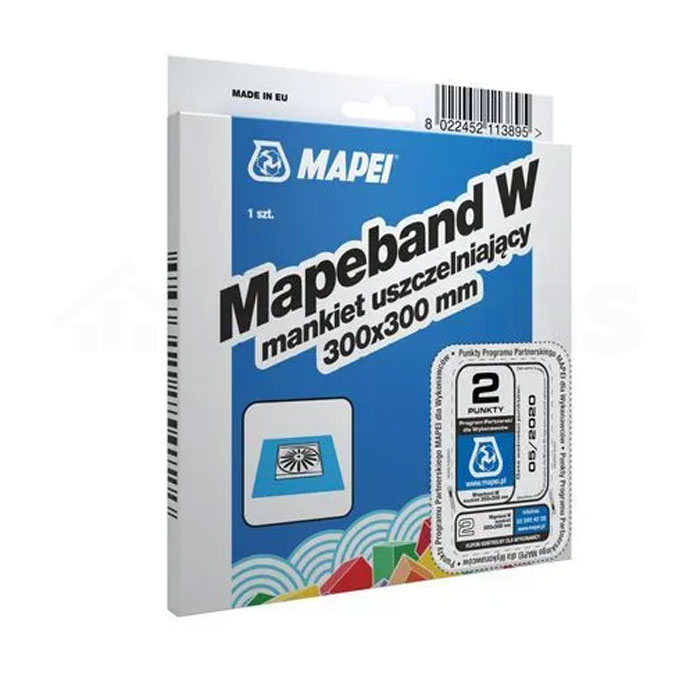 Mankiet-uszczelniający-MAPEBAND-300x300mm Mankiet uszczelniający MAPEBAND 300x300mm to łatwo zatapialny mankiet uszczelniający Mapei spory pozwoli Ci pousuwać szczeliny w pobliżu odpływów wody.