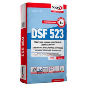 SOPRO DSF 523 to elastyczna zaprawa uszczelniająca, jednoskładnikowa, cementowa do wytwarzania nieprzepuszczalnych powłok w pomieszczeniach mokrych, basenach, na tarasach i pod deski tarasowe.