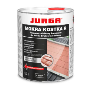 Rozpuszczalnikowy impregnat do kostki brukowej JURGA MOKRA KOSTKA na bazie epoksydu nadaje powierzchni kostki brukowej efekt "mokrej kostki," poprawiając estetykę i trwałość.