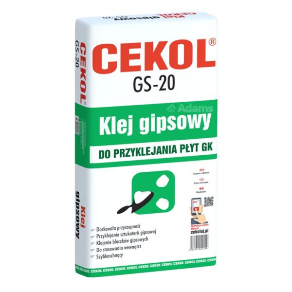 CEKOL GS-20 to klej gipsowy, jest suchą mieszanką gipsu syntetycznego, naturalnych wypełniaczy mineralnych oraz dodatków modyfikujących i uszlachetniających. CEKOL GS-20 jest produktem ekologicznym, nietoksycznym i łatwym w stosowaniu.