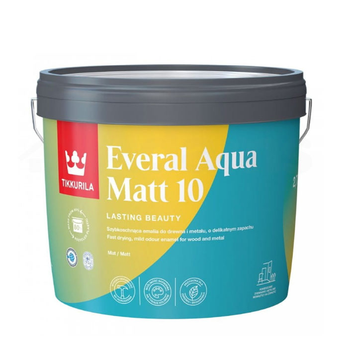 Emalia-akrylowa-TIKKURILA-EVERAL-AQUA-10-A-2,7L-matowa Emalia akrylowa TIKKURILA EVERAL AQUA 10 A jest przeznaczona do stosowania wewnątrz i na zewnątrz pomieszczeń co więcej jest szybkoschnącą i uniwersalna farba do Drewna i metalu.