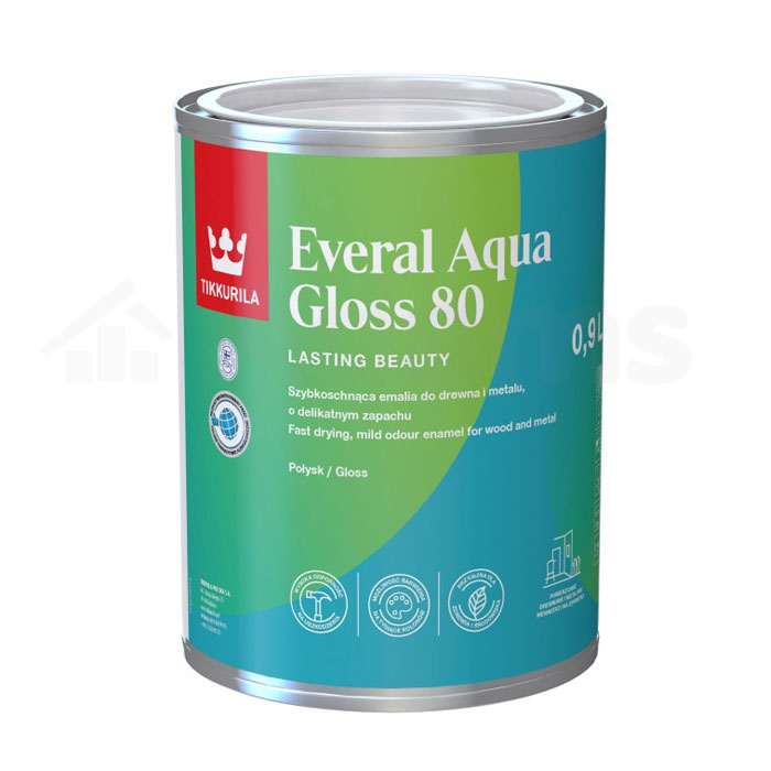 Emalia-akrylowa-TIKKURILA-EVERAL-AQUA-80-A-0,9L-połysk Emalia akrylowa TIKKURILA EVERAL AQUA 80 A to tworząca powłokę z połyskiem wodorozcieńczalna farba, o wysokiej trwałości.