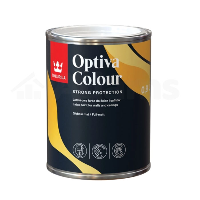 Farba-lateksowa-TIKKURILA-OPTIVA-COLOUR-A-0,9L Farba lateksowa TIKKURILA OPTIVA COLOUR A to wodorozcieńczalna akrylowa farba do dekoracyjnego malowania ścian i sufitów wewnątrz pomieszczeń