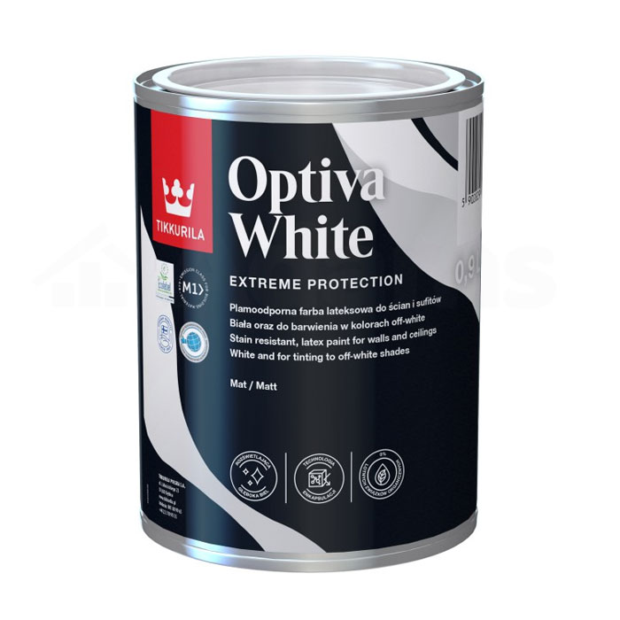 Farba-lateksowa-TIKKURILA-OPTIVA-WHITE-0,9L Farba lateksowa TIKKURILA OPTIVA WHITE przeznaczona do dekoracyjno-ochronnego malowania ścian i sufitów wewnątrz pomieszczeń