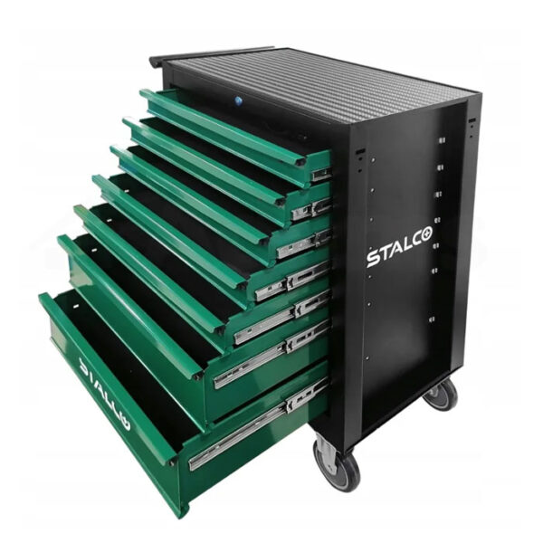 Szafka narzędziowa STALCO 7 szuflad wyposażona w obrotowe kółka z hamulcem blokującym oraz ergonomiczny uchwyt do pchania, umożliwiający łatwe przesuwanie