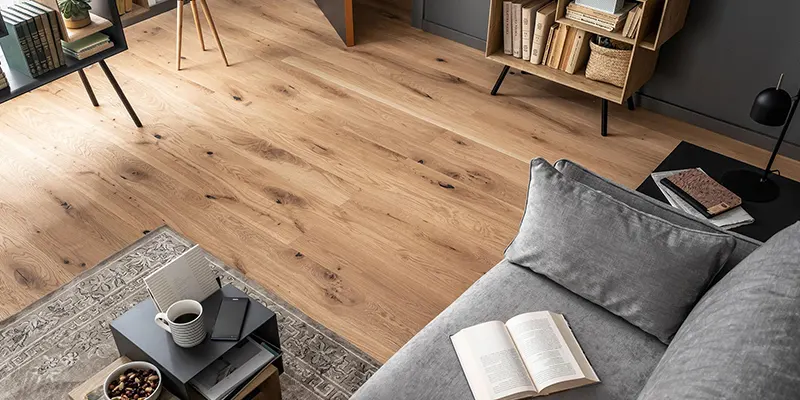 Podłoga naturalna drewniana z wyraźnymi słojami w salonie