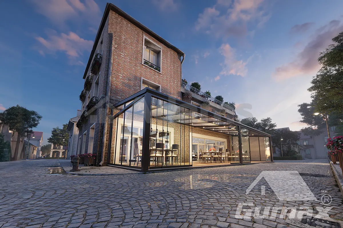 Glasüberdachung Glasüberdachung auf dem Gebäude eines Gastronomiebetriebs mit verglasten Wänden