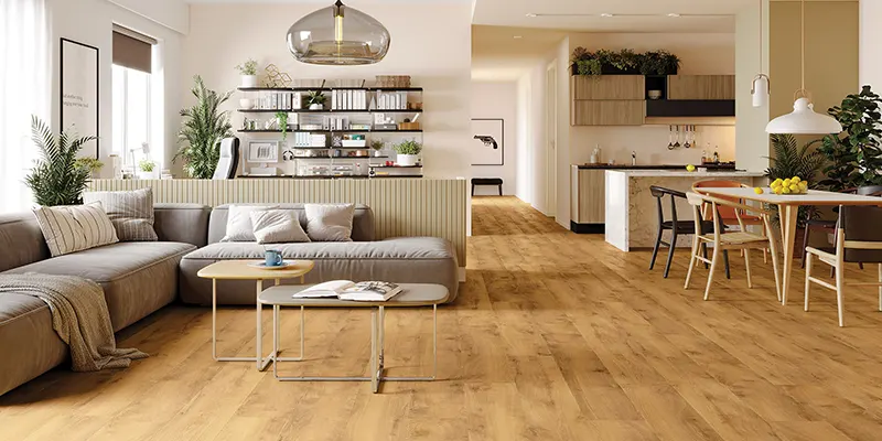 Vinylboden auf einer großen Fläche des Hauses: Küche und Wohnzimmer.