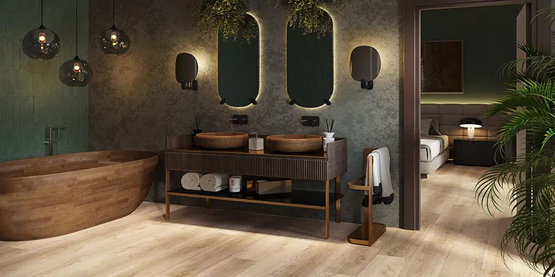 Wasserdichter Vinylboden in einem geräumigen, hellen Badezimmer.