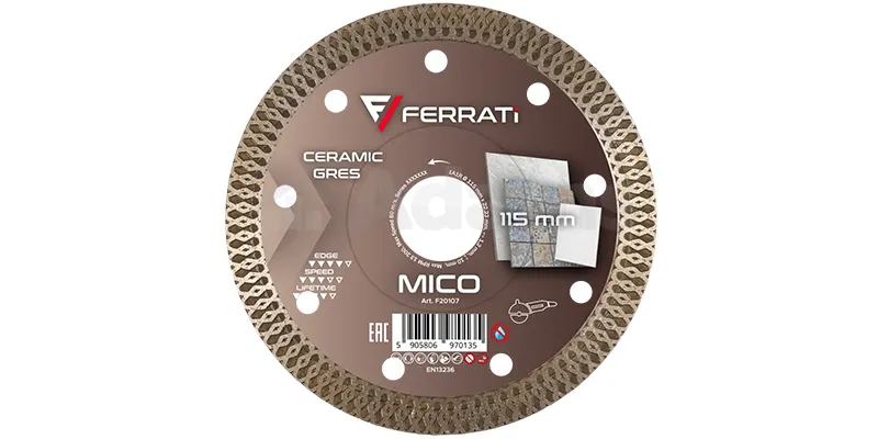 Die Mico-Trennscheibe für Keramik- und Feinsteinzeugfliesen mit einer maximalen Dicke von 20 mm.