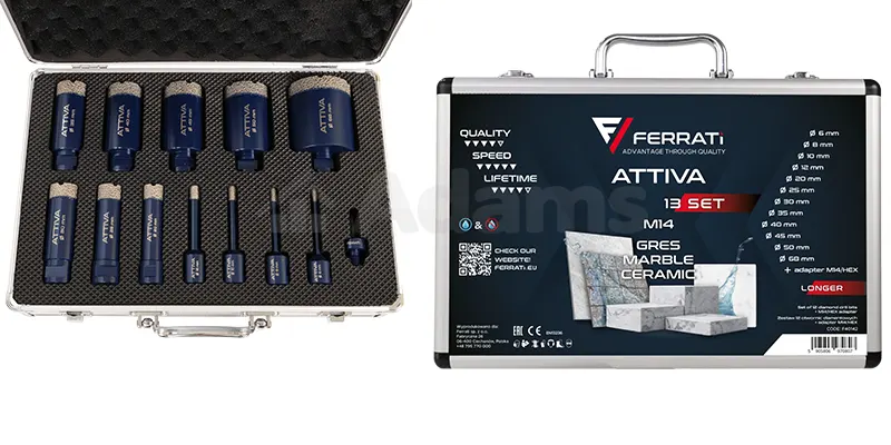 Großes Set von Diamantbohrkronen für Feinsteinzeug ATTIVA Koffer mit einem großen Set Diamantbohrkronen für Feinsteinzeug von Attiva, Firma Ferrati.