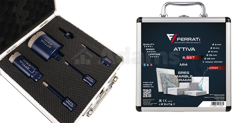 Kleines Set von Diamantbohrkronen für Feinsteinzeug ATTIVA Kleines Set Diamantbohrkronen für Feinsteinzeug von Attiva in einem handlichen Koffer.