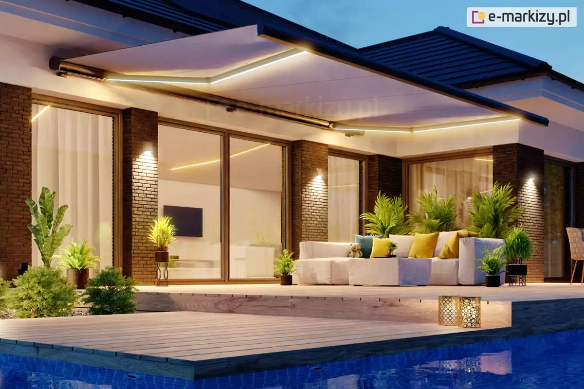 Markizy w pełnej kasecie 11 Markiza tarasowa z napedem i oswietleniem led dakar selt